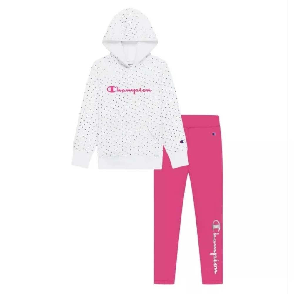 Champion 2pc CAR950 Girls Hoodie & Legging Set, White/Wow Pink Size 4/5 (FM1)
